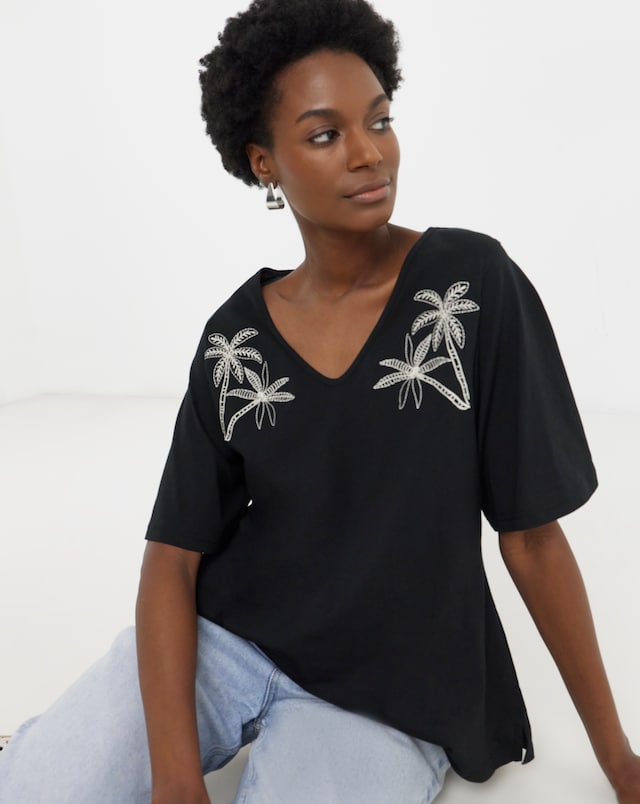 Black Embroidered Yoke Longline Top