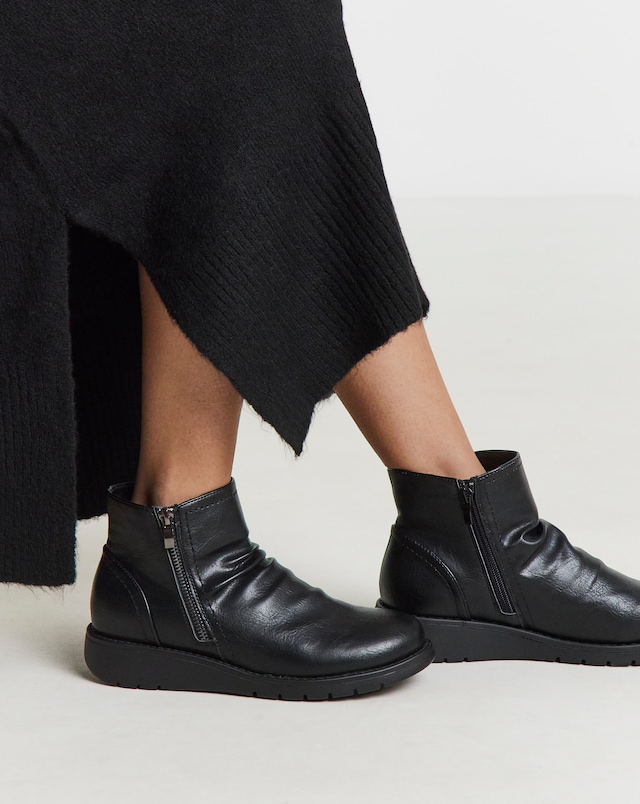 Heavenly Soles Roisin Low Wedge Ruched Boots With Zip - Wide Fit (E)