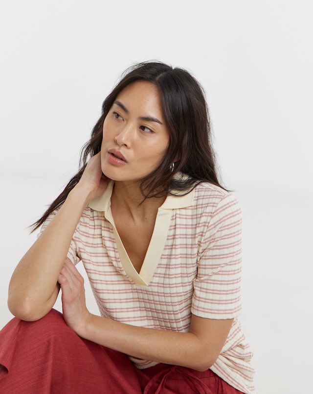 Pink Stripe Polo Half Sleeve Top