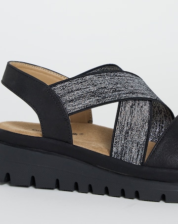 Cushion Walk Black Shimmer Stretch Strap Flatforms - Extra Wide Fit (EEE)
