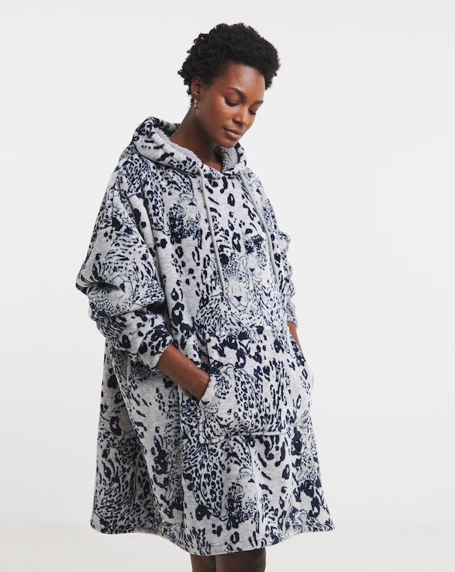 Oversized Leopard Print Fleece Hooded Lounge Dress