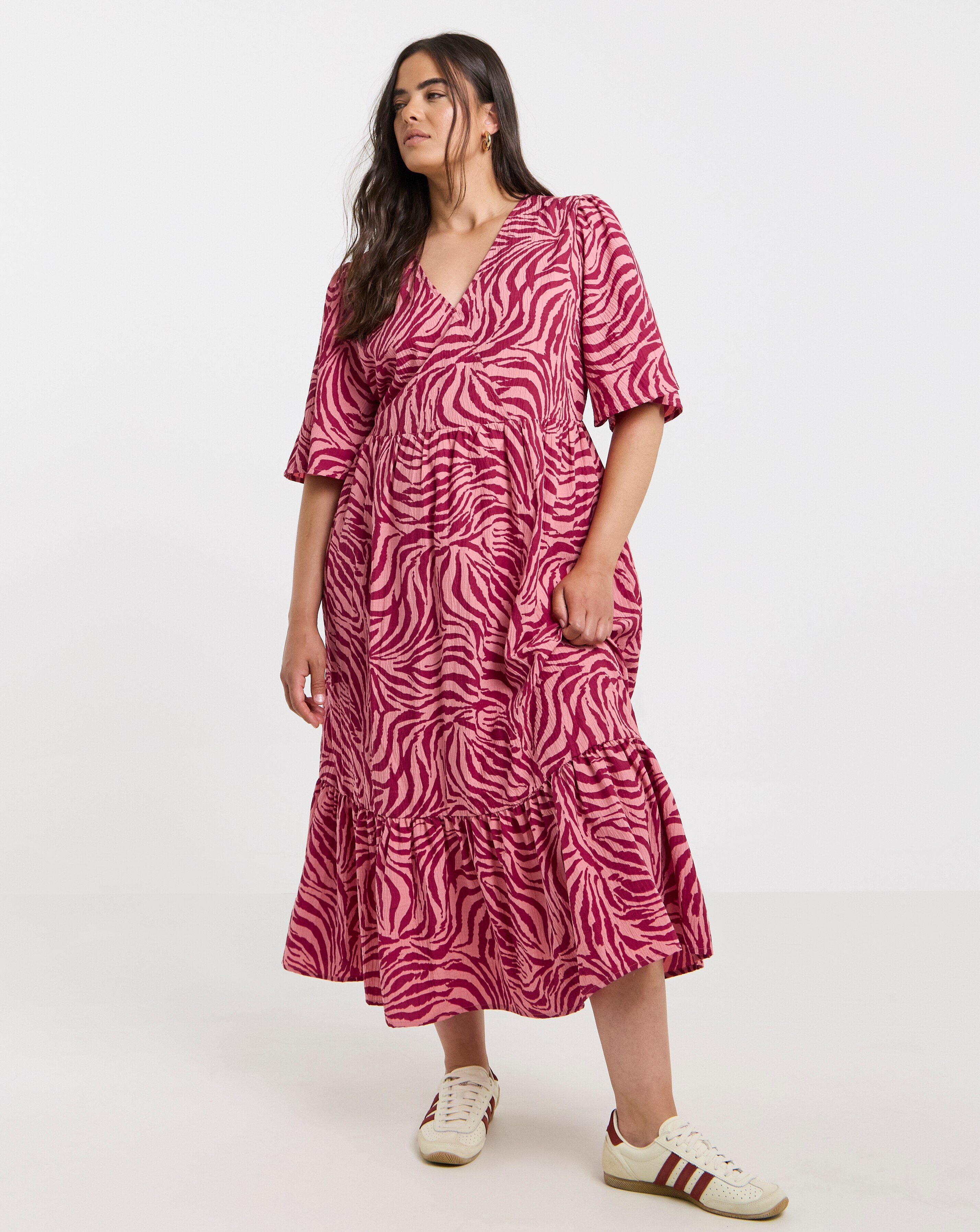 Simply Be Pink Zebra Print Wrap Front Tiered Midi Dress