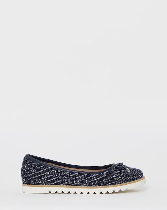 Cushion Walk Navy Bow Detail Boucle Ballerinas - Wide Fit (E)