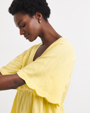 Linen Mix Scallop Hem Button Detail Top