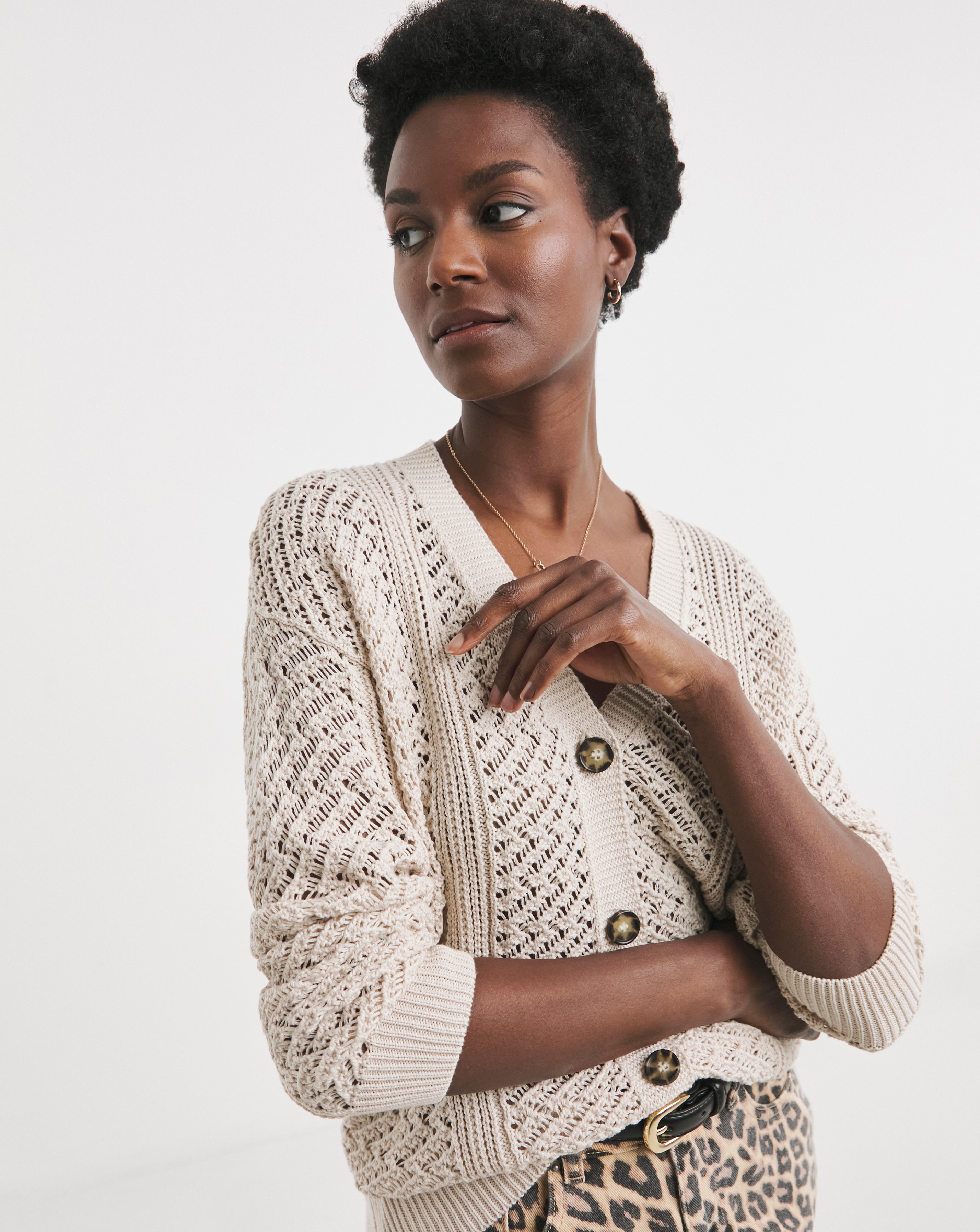 Neutral Crochet Button Down Cardigan | JD Williams