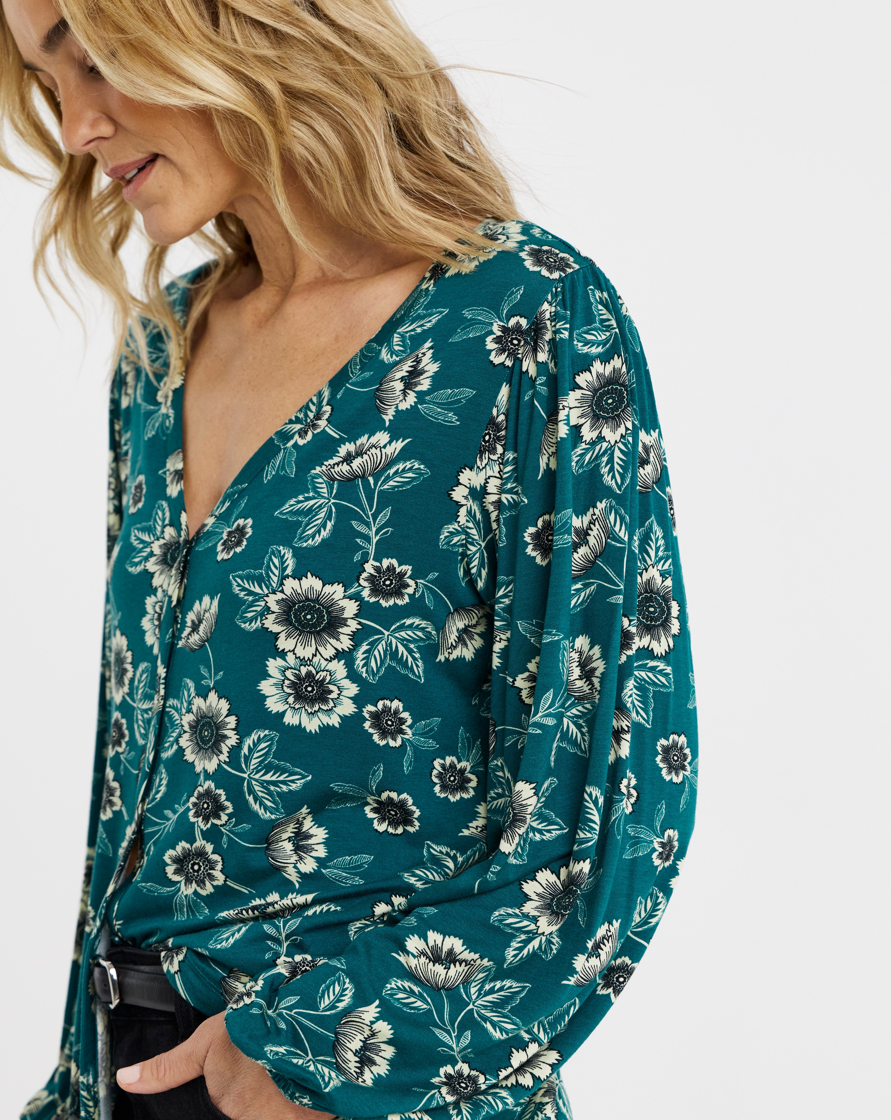 Green Print Button Front Long Sleeve Top