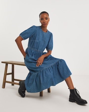 Mid Blue Denim Tiered Midaxi Dress