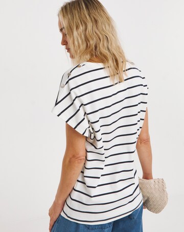 Striped Crew neck Button Shoulder Top