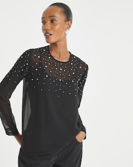 Womens Embellished Long Sleeve Blouse - Black
