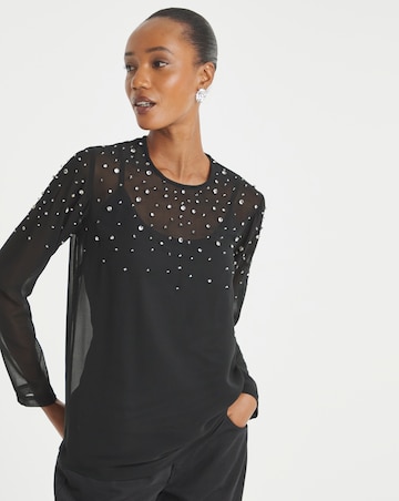 Womens Embellished Long Sleeve Blouse - Black