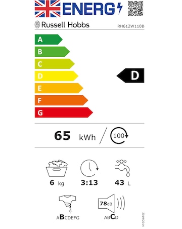Russell Hobbs RH612W111B, 6Kg, 1200rpm, Washing Machine - Black