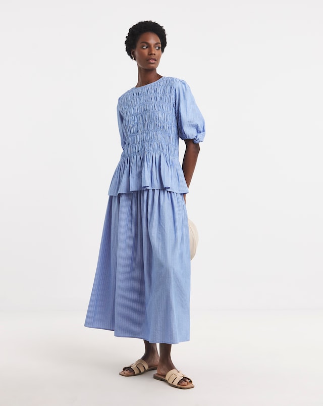 Blue Stripe Shirred Waist Skirt