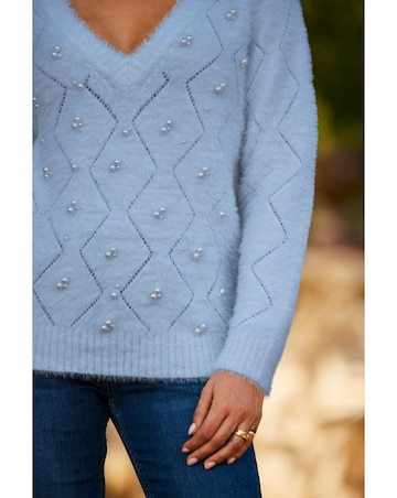 Sosandar V Neck Pointelle Stitch Feather Trim Jumper