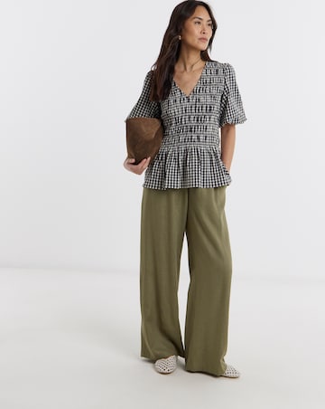 Shirred Gingham V Neck Peplum Blousey