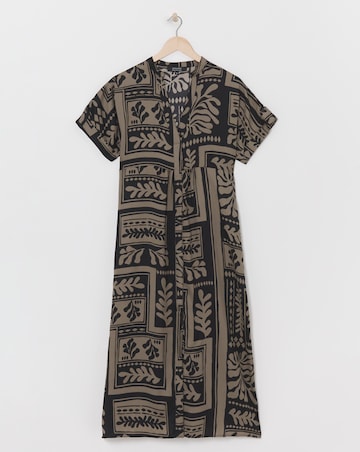 Collarless Placket Detail Smock Midi Dress