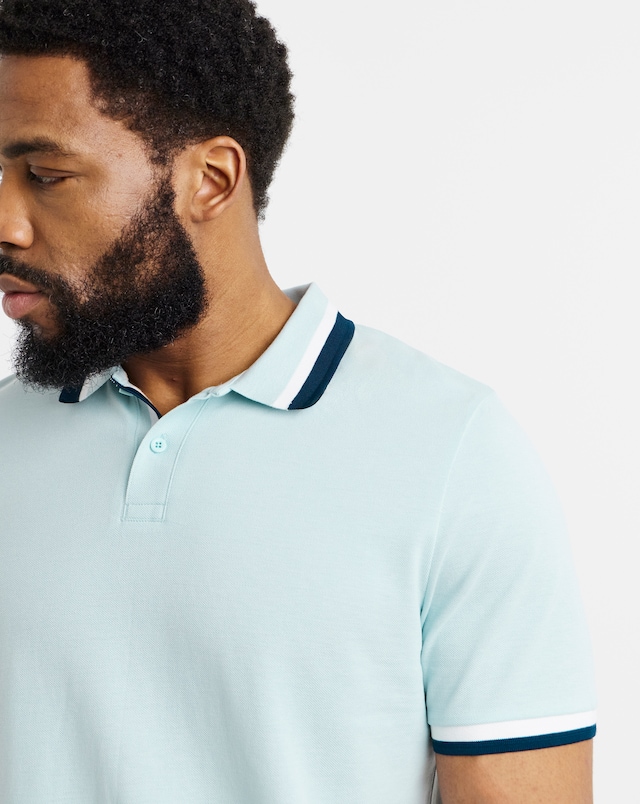 Tipped Pique Polo Shirt Long- Blue