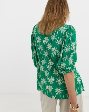 Crinkle V Neck Puff Sleeve Top