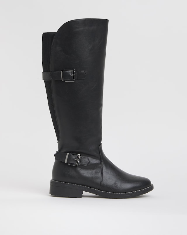 Cushion Walk Elastic Back Buckle Knee High Boot Wide E Fit Curvy Calf