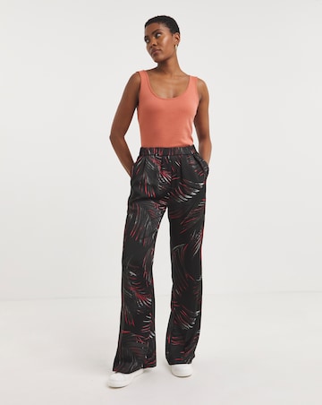Black Palm Print Satin Wide Leg Trousers