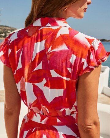 Sosander Pink & Orange Hibiscus Floral Print Shirt Dress