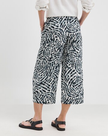 Navy Print Linen Mix Cropped Wide Leg Culottes