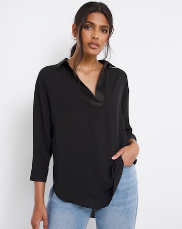 Black Three Quarter Sleeve Satin Trim Shirt