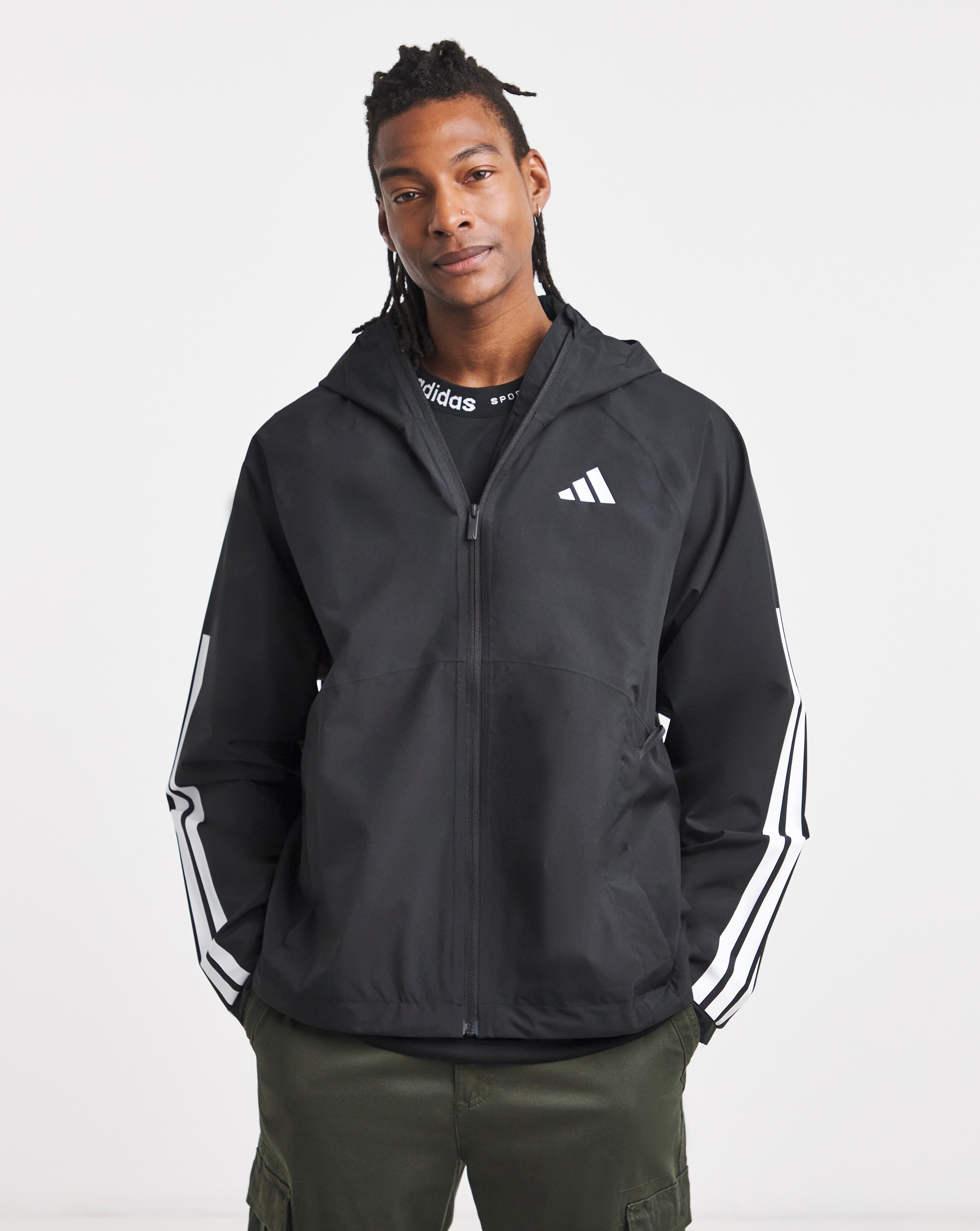 adidas 3 Stripes Hooded Rain Jacket | JD Williams