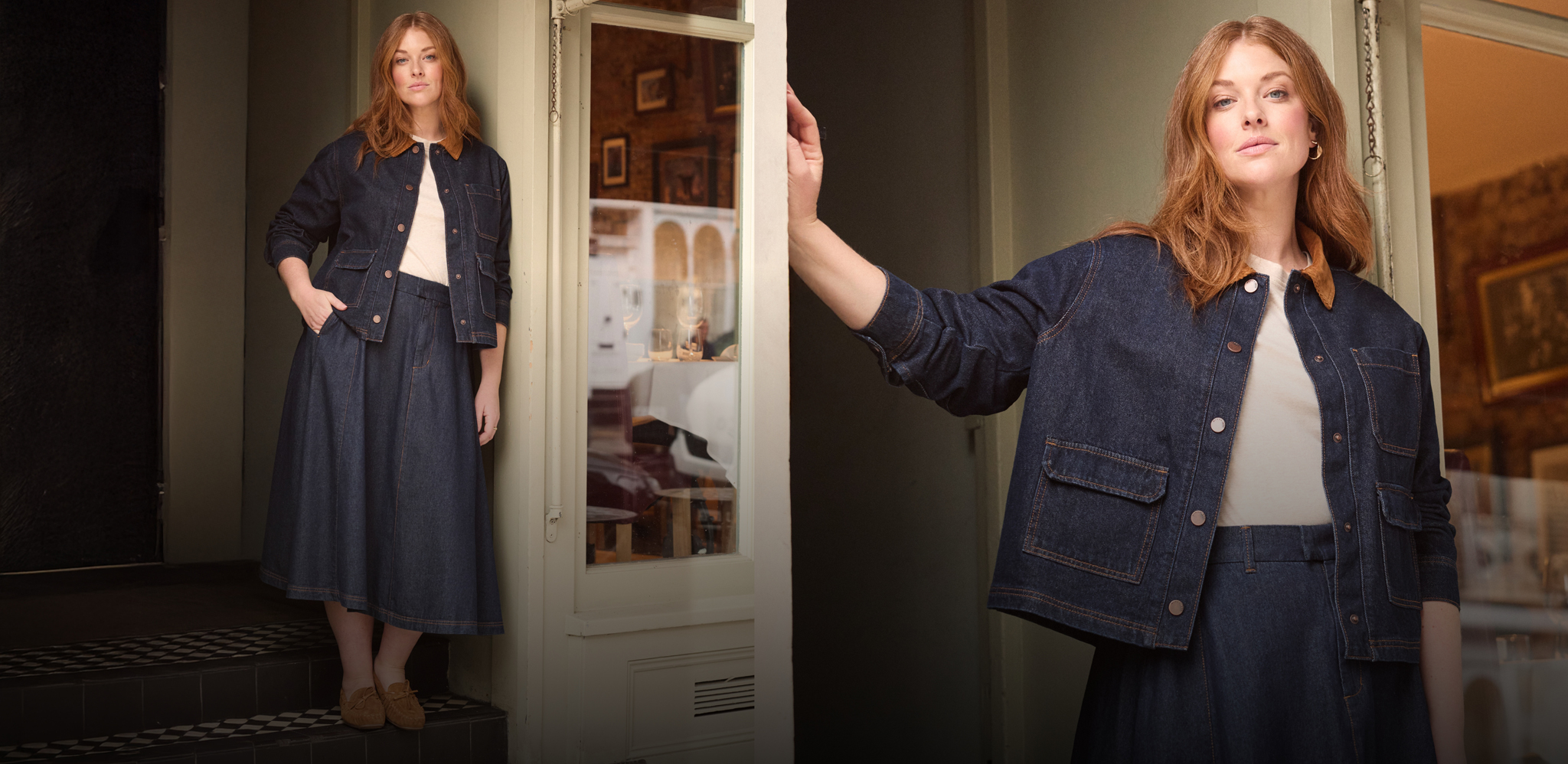 Woman wearing JD Williams Most Wanted denim jacket and dress