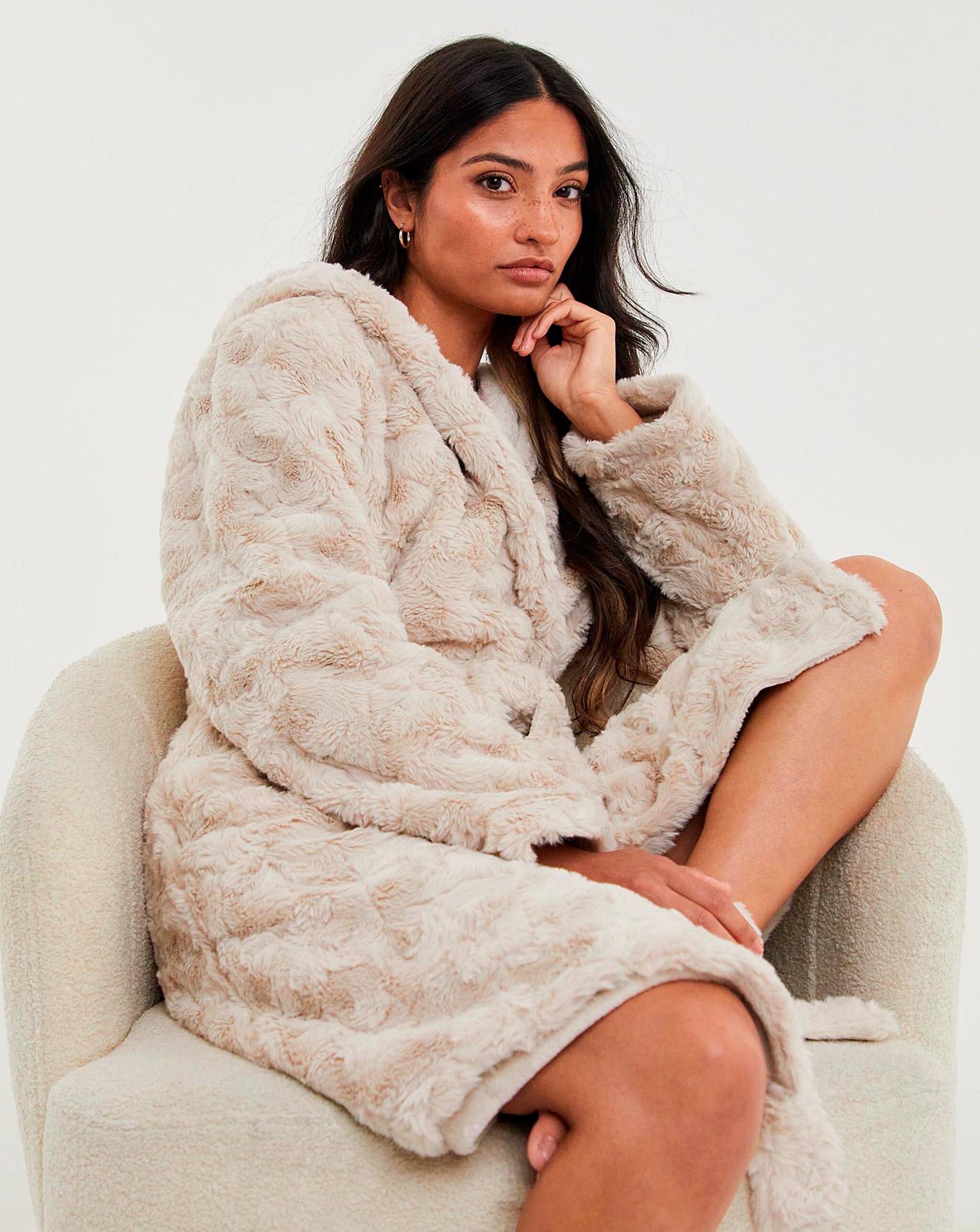 Model wearing cosy dressing gown