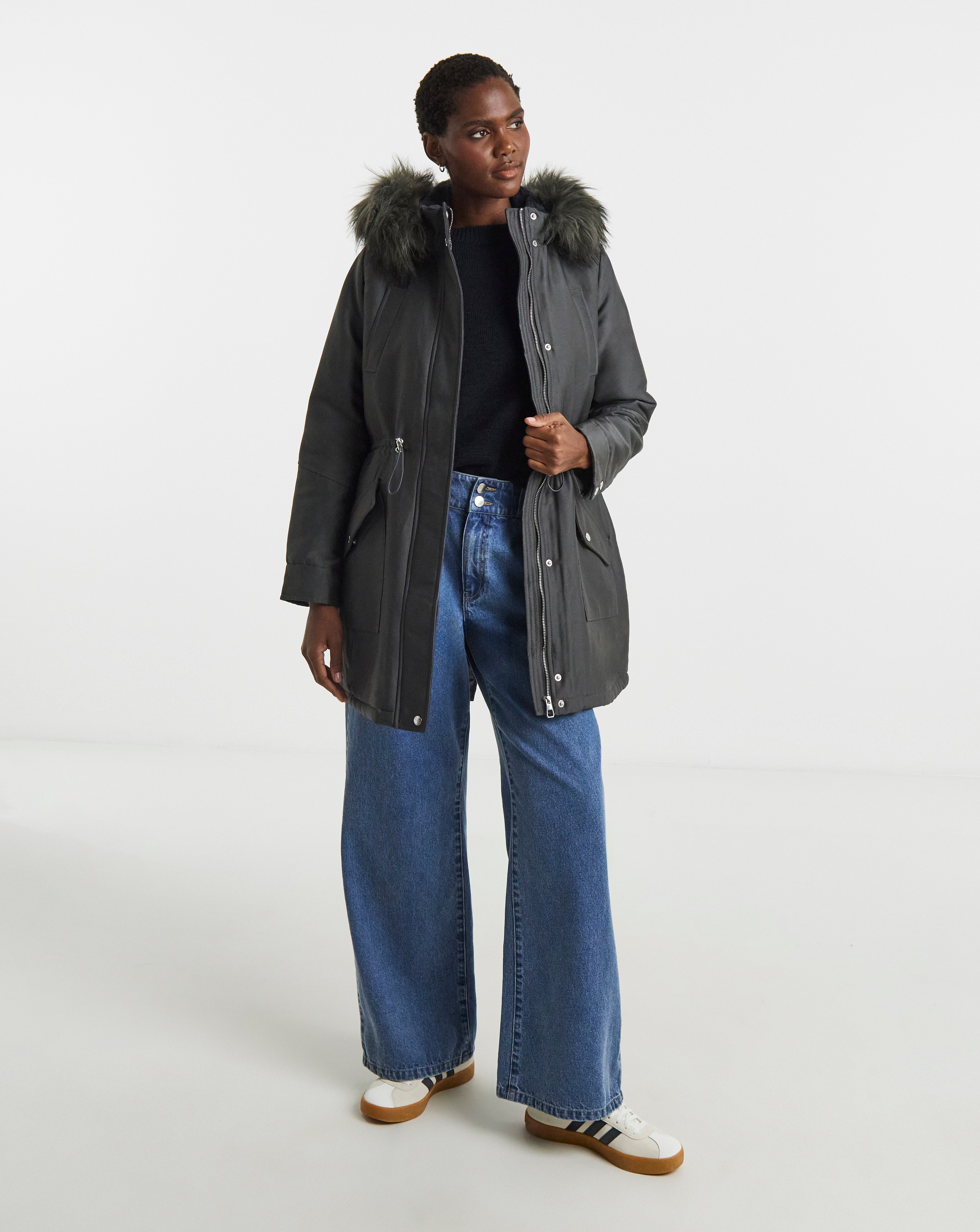 Charcoal Faux Fur Lined Parka Coat | JD Williams