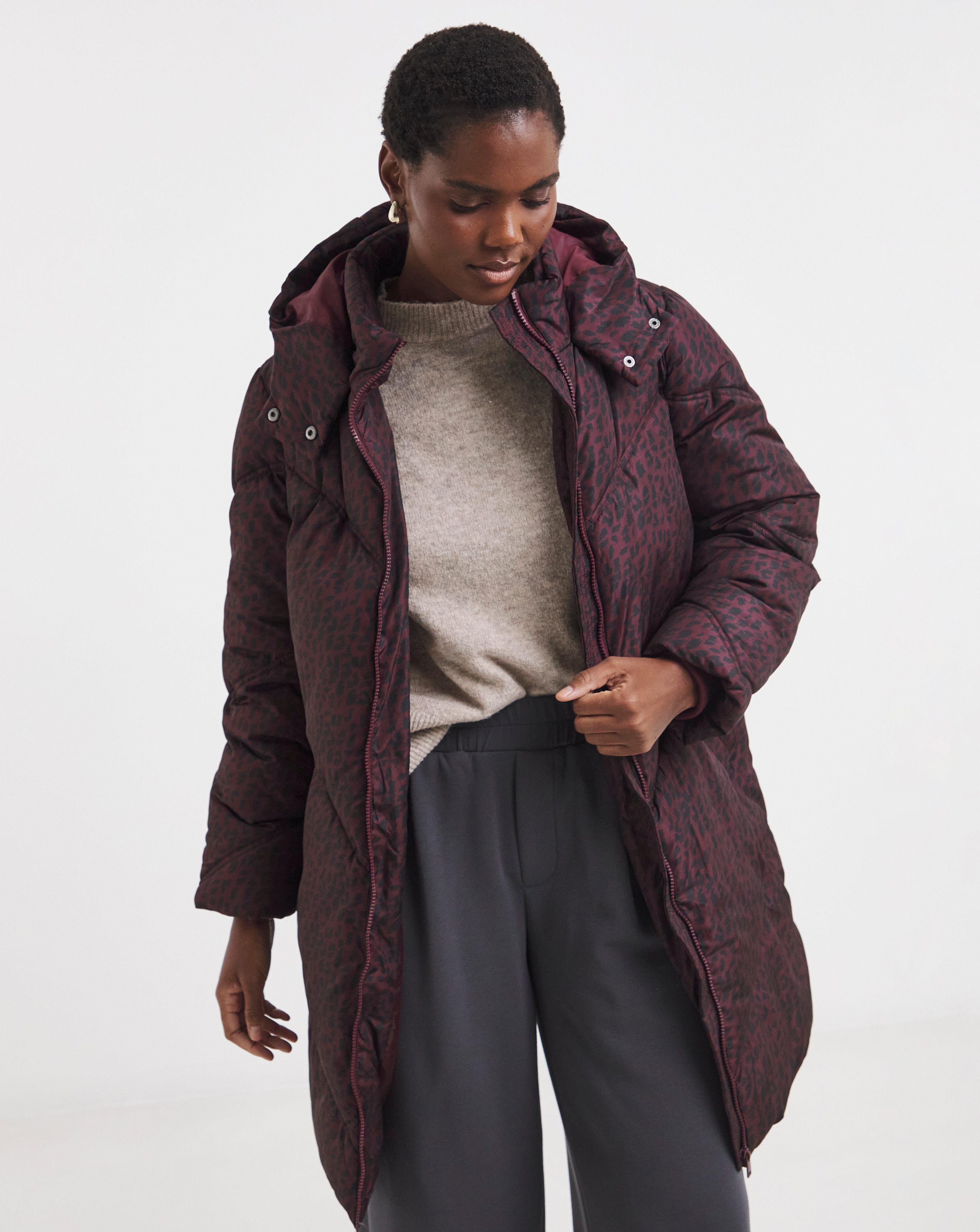Wine Animal Print Mid Length Padded Coat | JD Williams