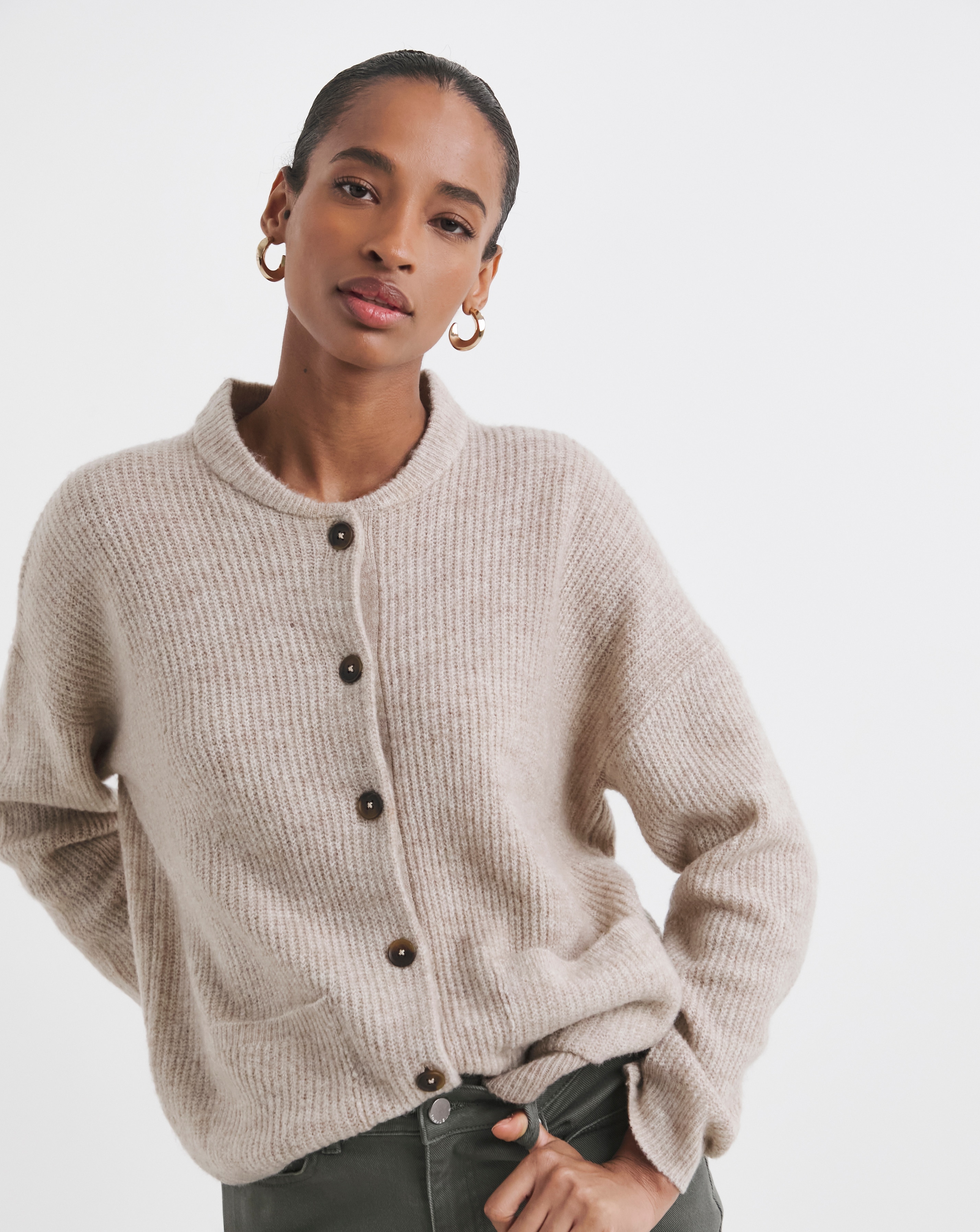 ジャケット・アウター Bibiy. JUNO ZIPPER KNIT Threadbare Women's Beige Cable Knit Zip-Up Bomber Jacket