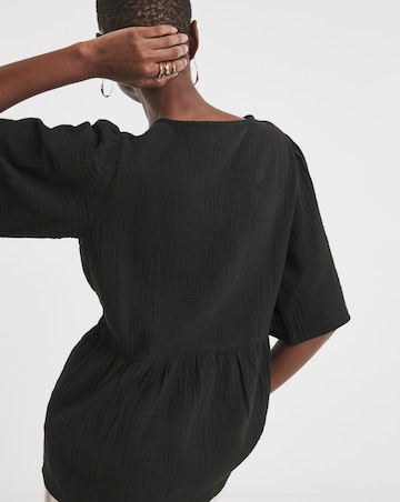 Embroidered Pure Cotton Textured Short Sleeve Smock Top