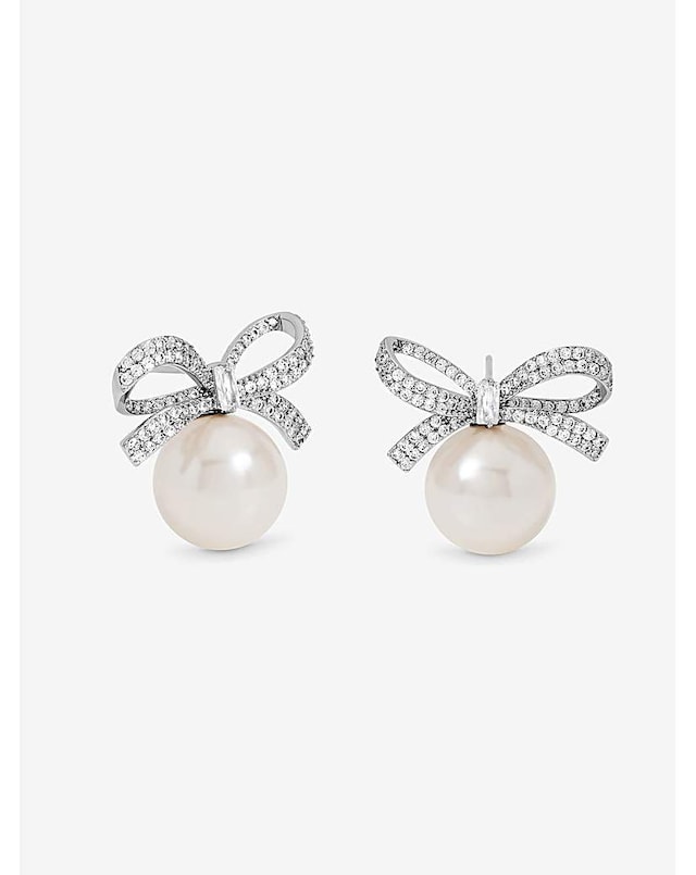 Jon Richard Rhodium Plated Crystal Bow and Pearl Earrings