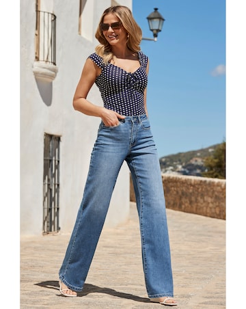 Sosandar Navy Blue & White Spot Print Tie Front Jersey Top