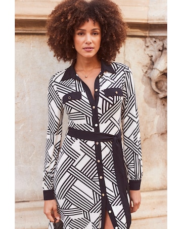 Sosandar Geometric Print Contrast Trim Jersey Shirt Dress