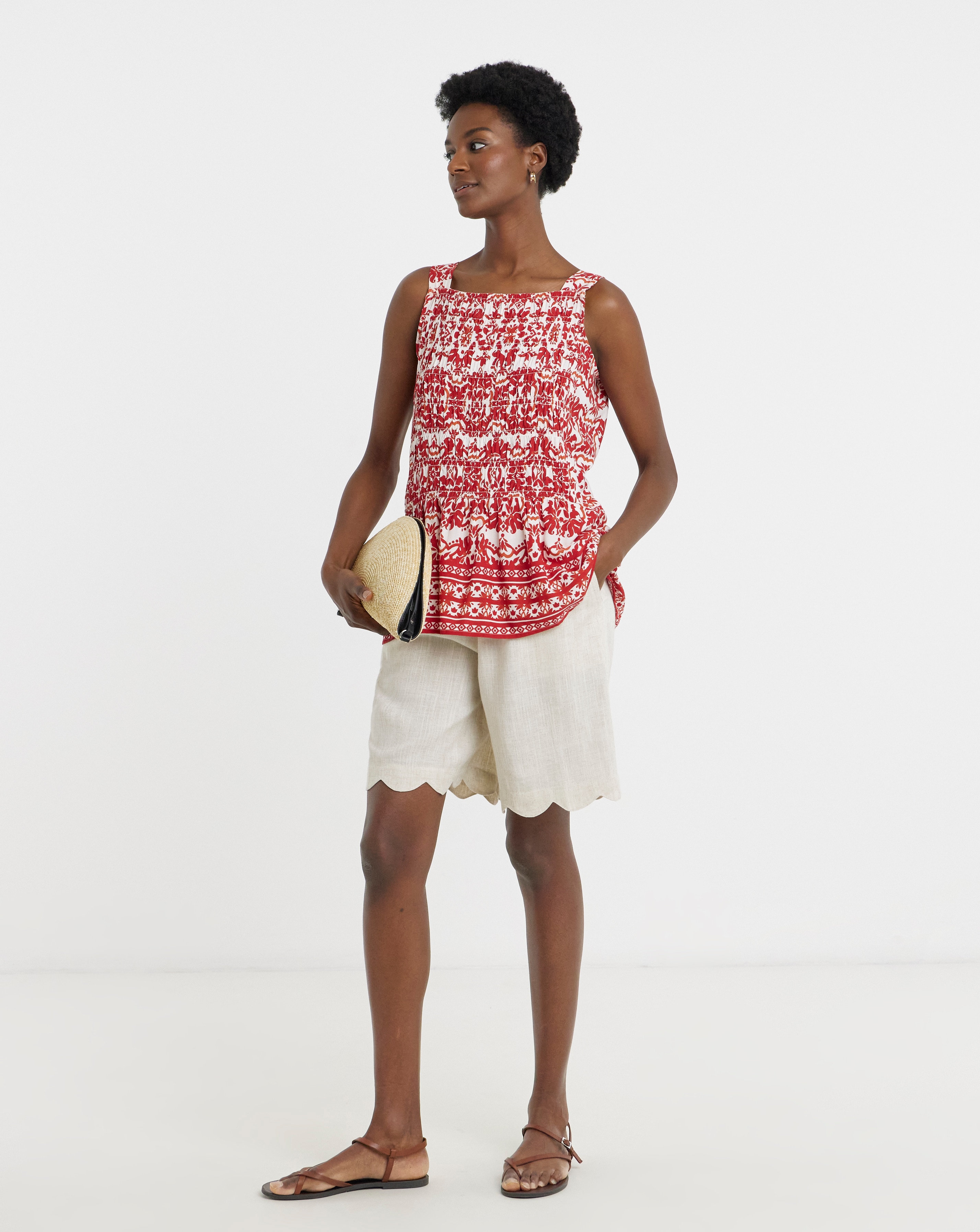 Border Print Square Neck Shirred Cami | JD Williams
