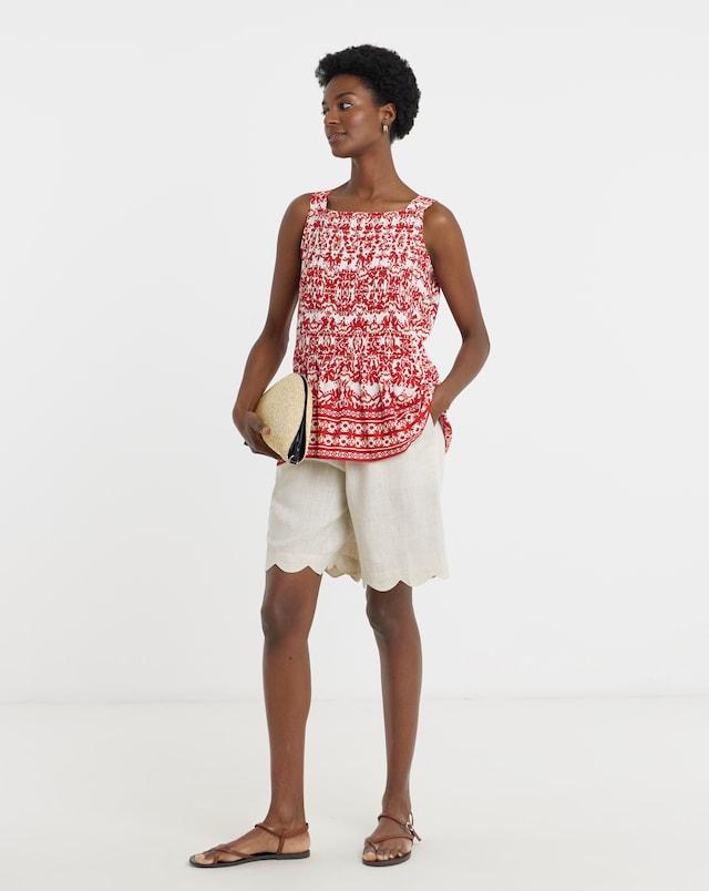 Border Print Square Neck Shirred Cami