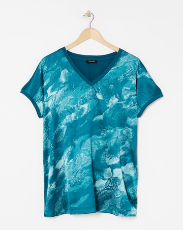 V Neck Printed Satin Front Longline Top