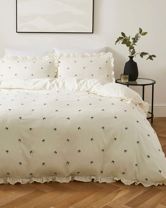 Cosette Embroidered Bows Ruffle Edge Duvet Cover Set