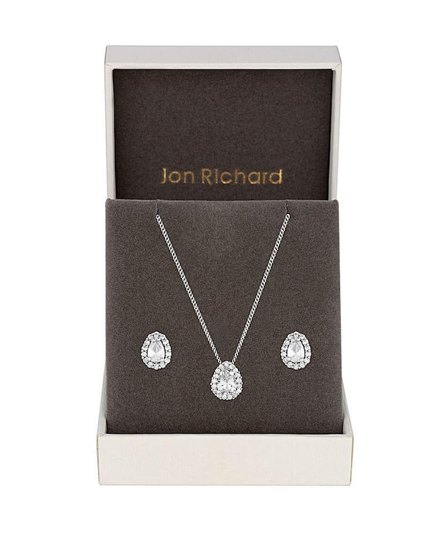 Jon Richard Rhodium Plated Cubic Zirconia Pear Stone Set - Gift Boxed