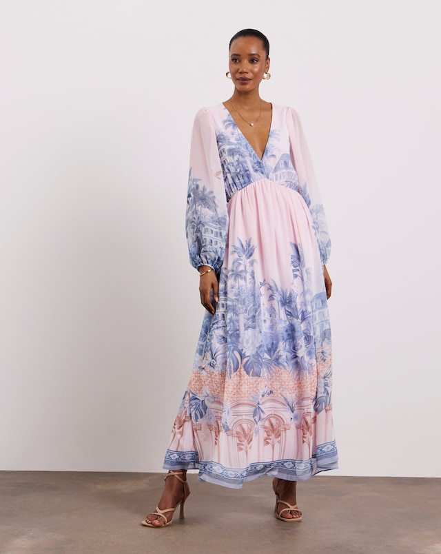 knee length dresses for ladies Long Sleeves V Neck Ankle Length Chiffon Wedding Guest Dresses, Plum main image 0
