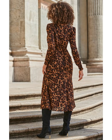 Sosandar Leopard Print Long Sleeve Midi Fit and Flare Dress