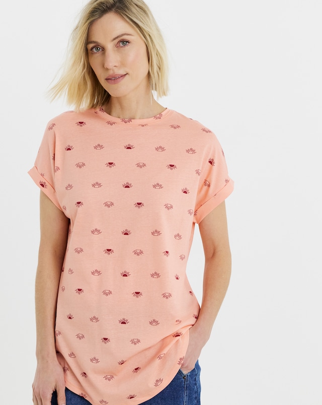 Blush Print Longline Short Sleeve Curved Hem Top