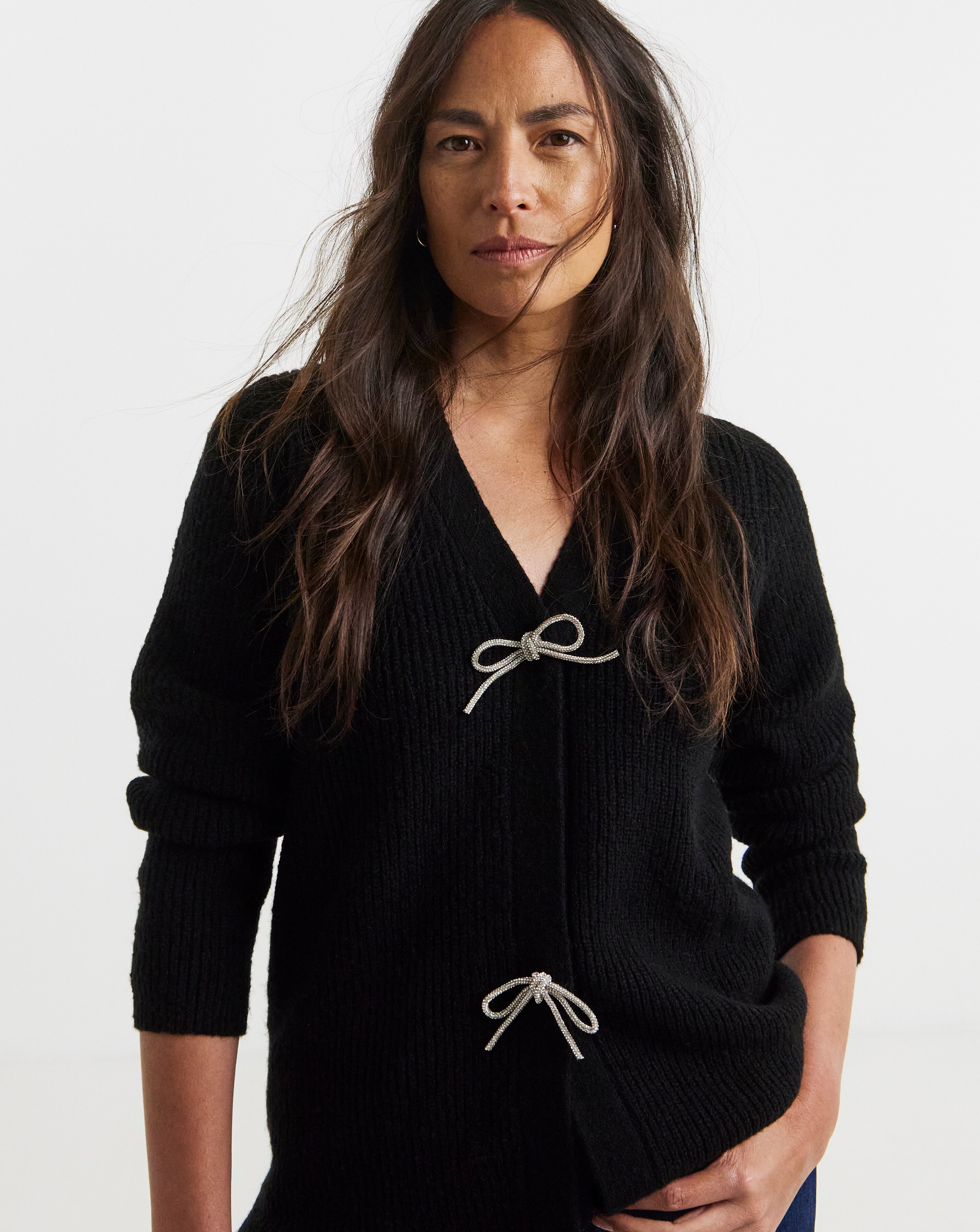 Black Bow Button Long Sleeve Cardigan | JD Williams