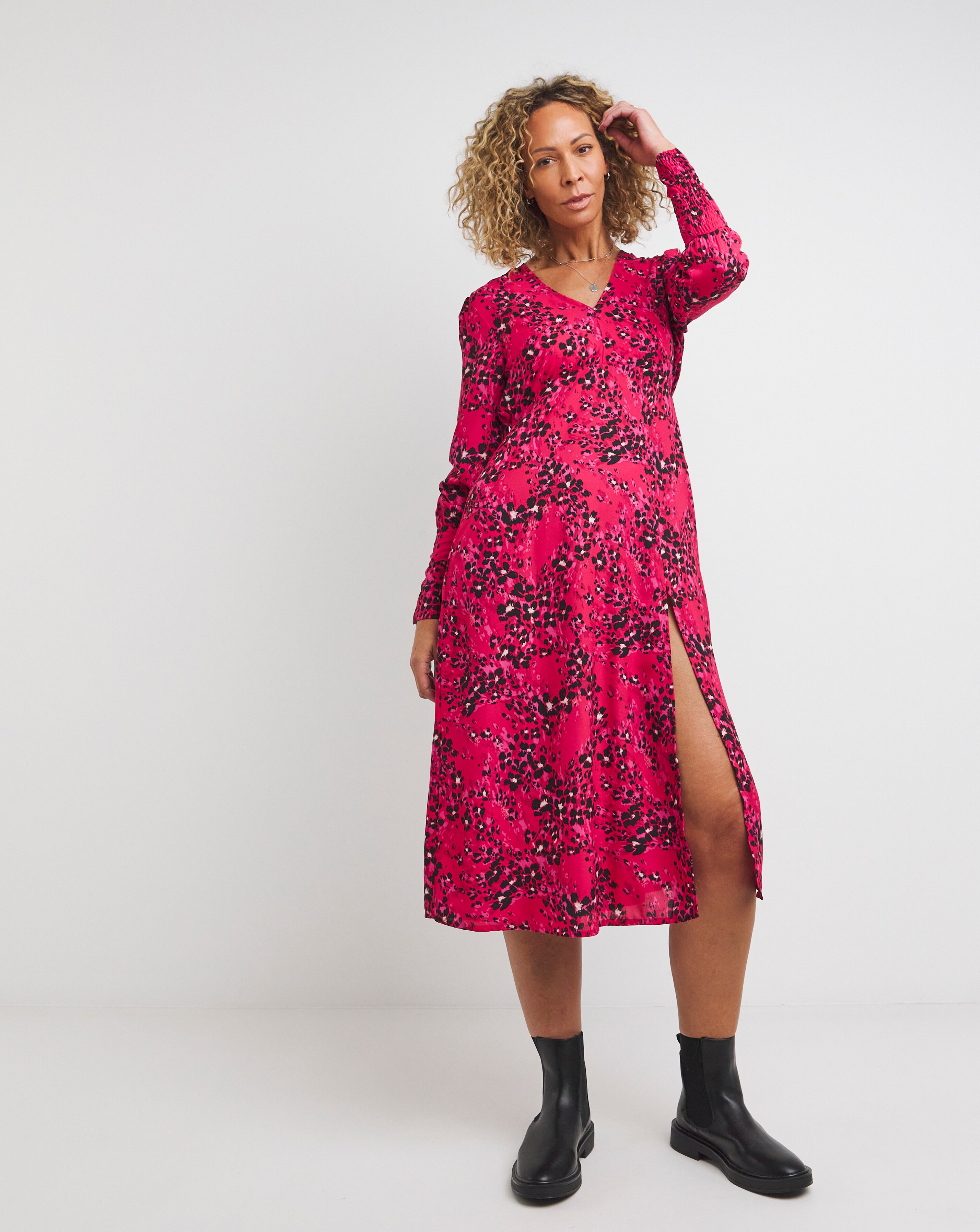 Pink Print V-Neck Deep Cuff Split Midi Dress