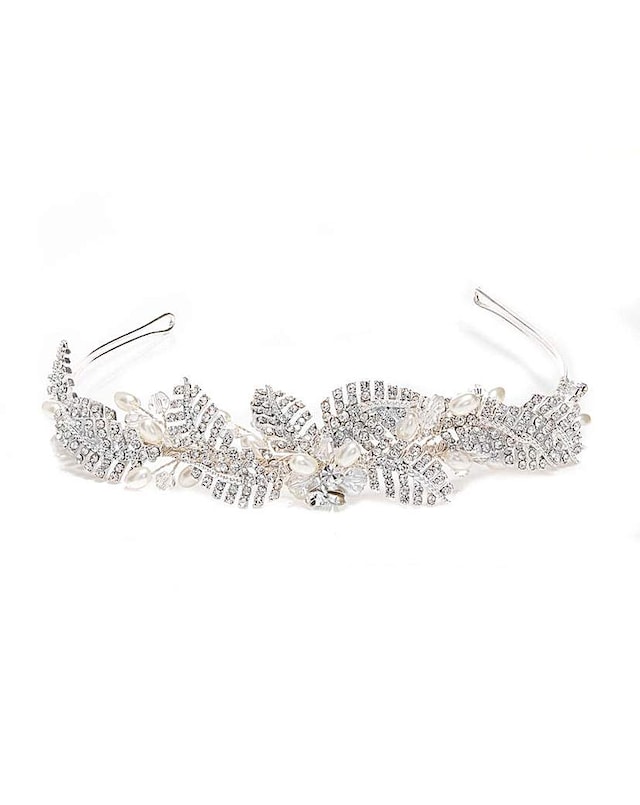 Silver Crystal Leaf And Pearl Leah Tiara
