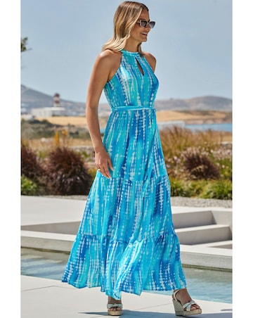 Sosandar Blue Conversational Halterneck Tiered Dress