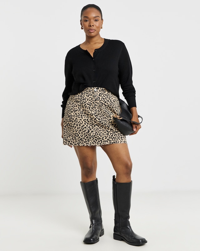 Simply Be Light Leopard Denim Five Pocket Mini Skirt