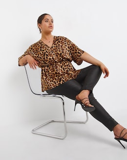 Leopard Print V Neck Satin Blouse - Image